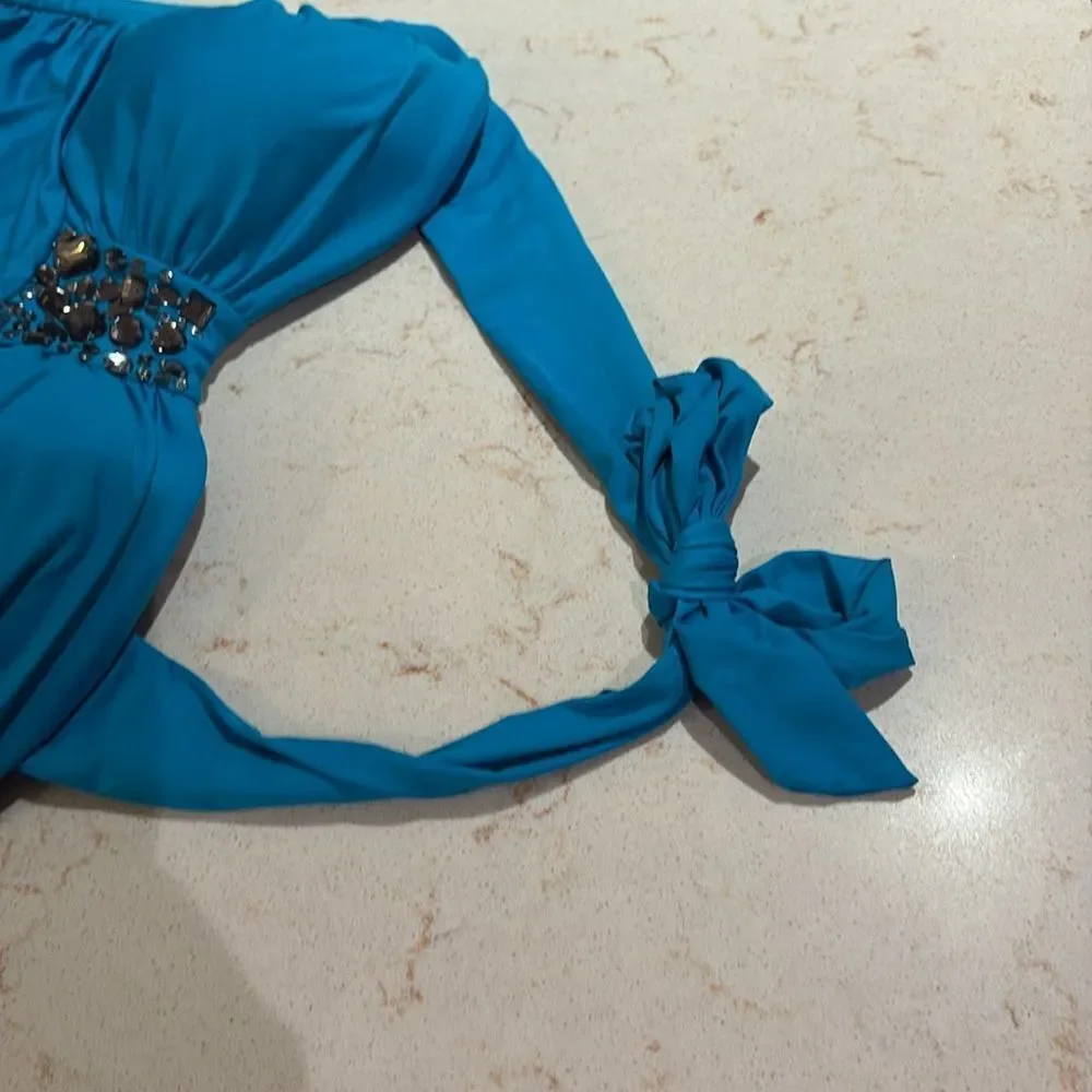 Jantzen Teal Swimsuit bejeweled chest one piece halter top SZ 16 Jeweled sequins